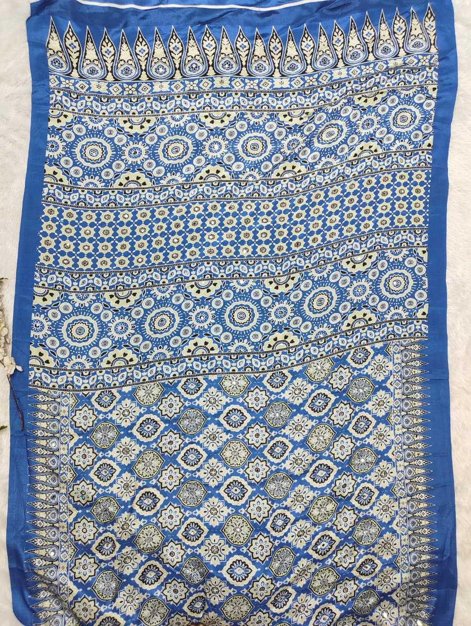 Blue Premium Soft Crepe Silk Saree with Hand Mirror Work & Printed Blouse