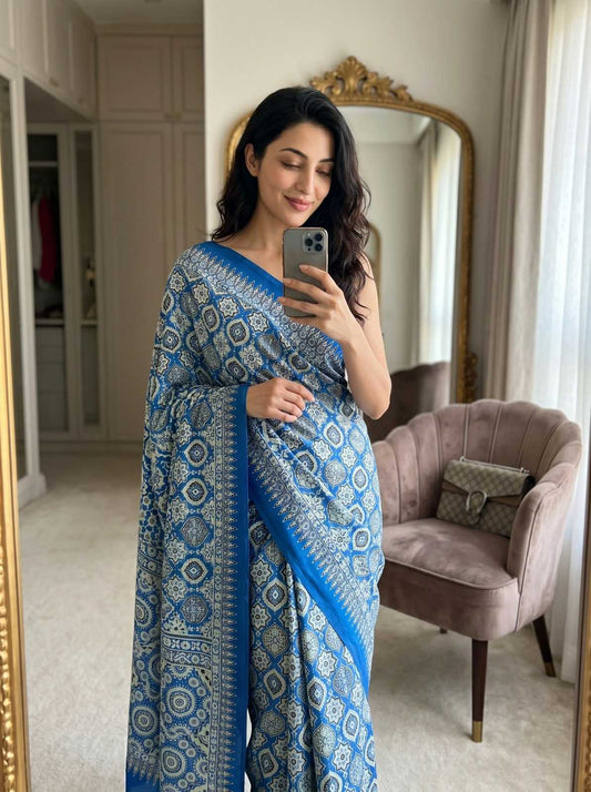 Blue Premium Soft Crepe Silk Saree with Hand Mirror Work & Printed Blouse