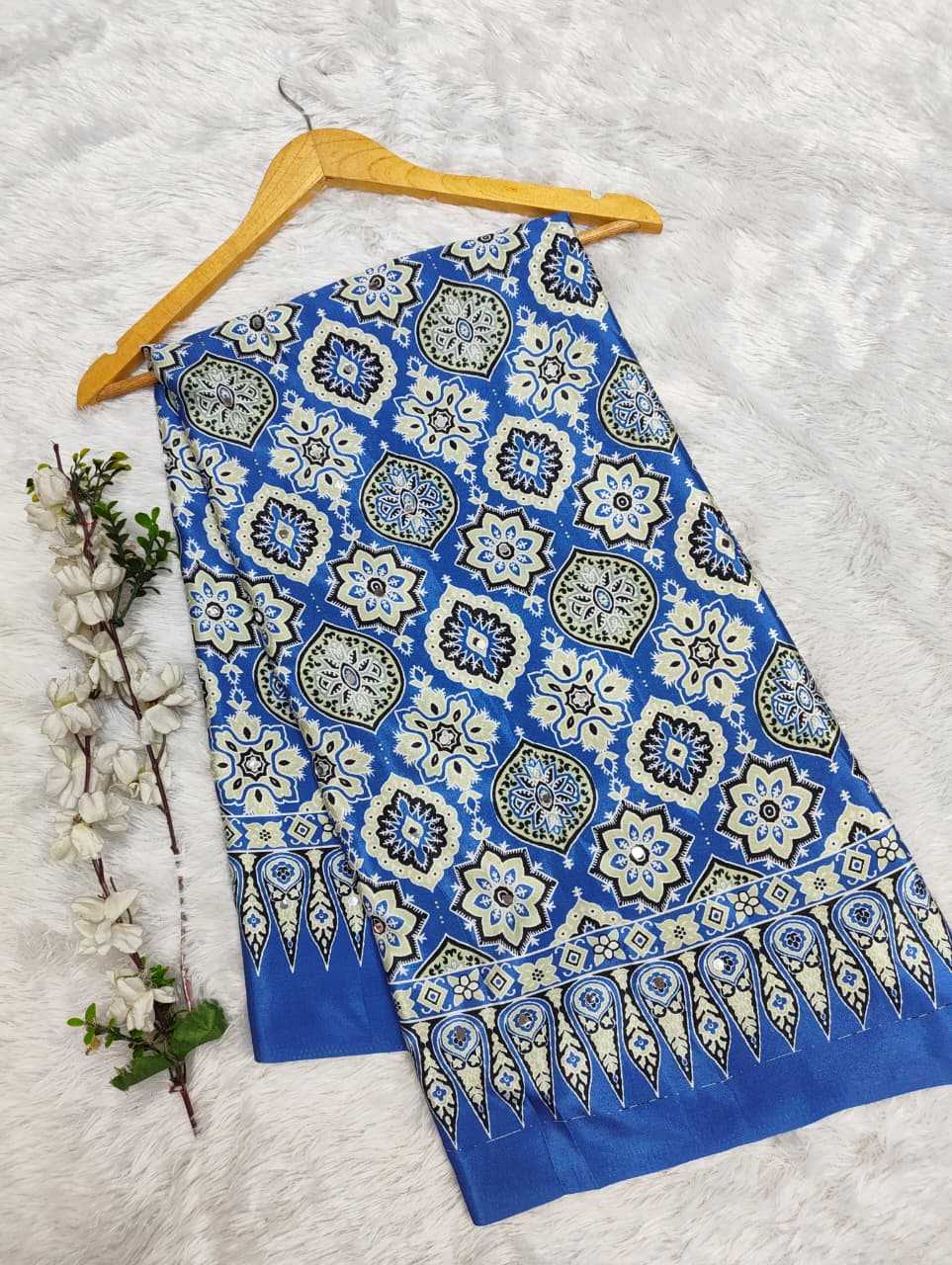 Blue Premium Soft Crepe Silk Saree with Hand Mirror Work & Printed Blouse