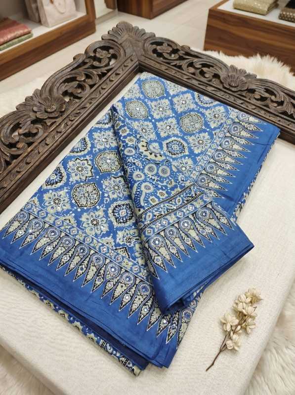 Blue Premium Soft Crepe Silk Saree with Hand Mirror Work & Printed Blouse