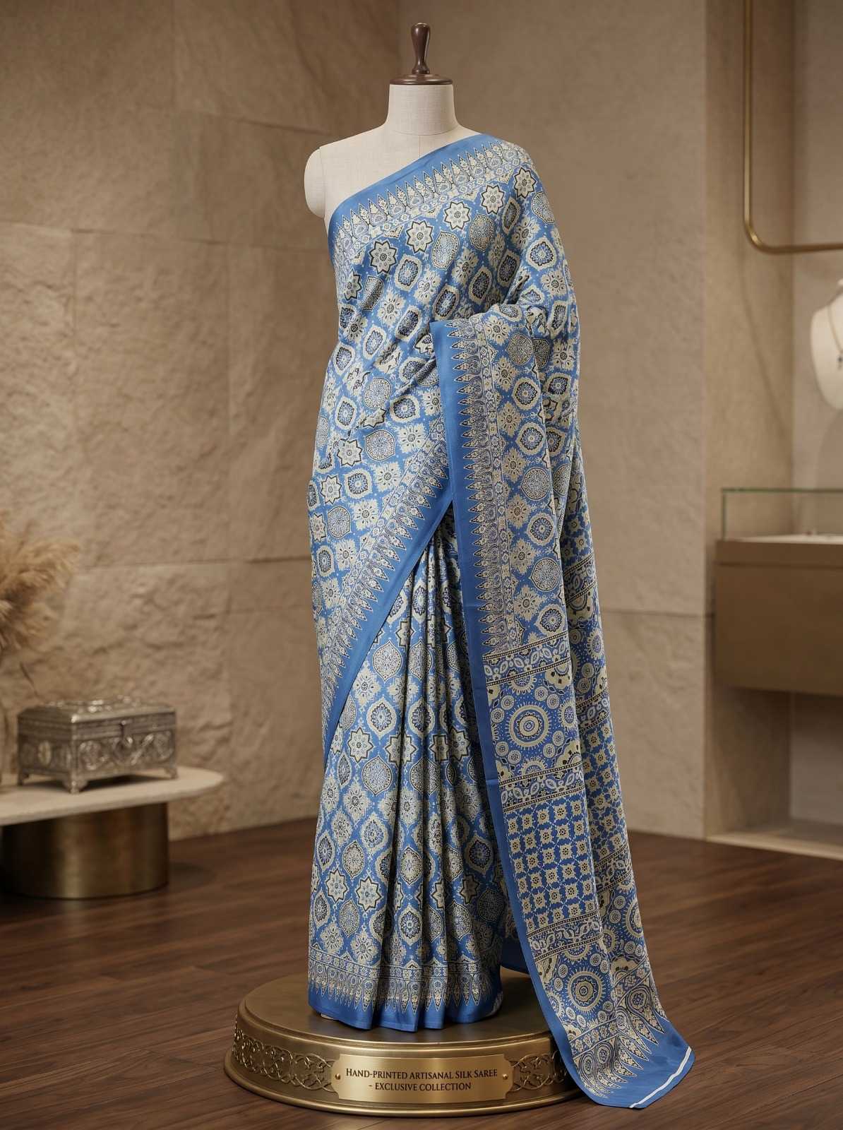 Blue Premium Soft Crepe Silk Saree with Hand Mirror Work & Printed Blouse