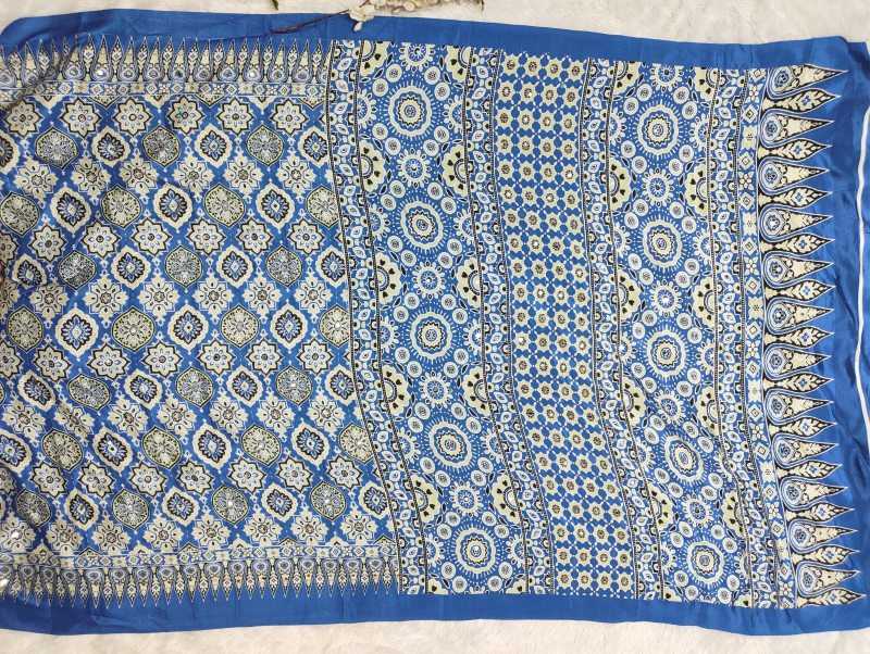 Blue Premium Soft Crepe Silk Saree with Hand Mirror Work & Printed Blouse