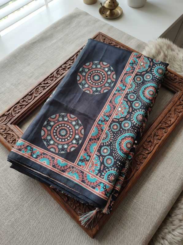 Black Premium Soft Crepe Silk Saree with Hand Mirror Work & Printed Blouse