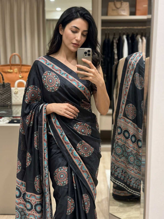Black Premium Soft Crepe Silk Saree with Hand Mirror Work & Printed Blouse
