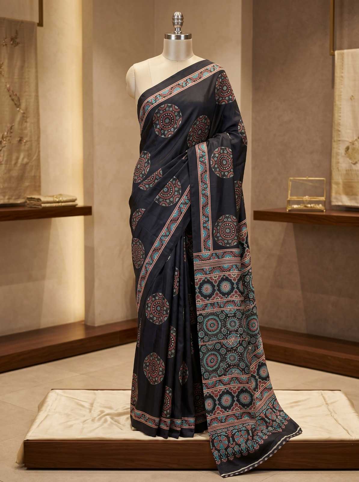Black Premium Soft Crepe Silk Saree with Hand Mirror Work & Printed Blouse