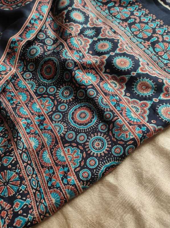 Black Premium Soft Crepe Silk Saree with Hand Mirror Work & Printed Blouse