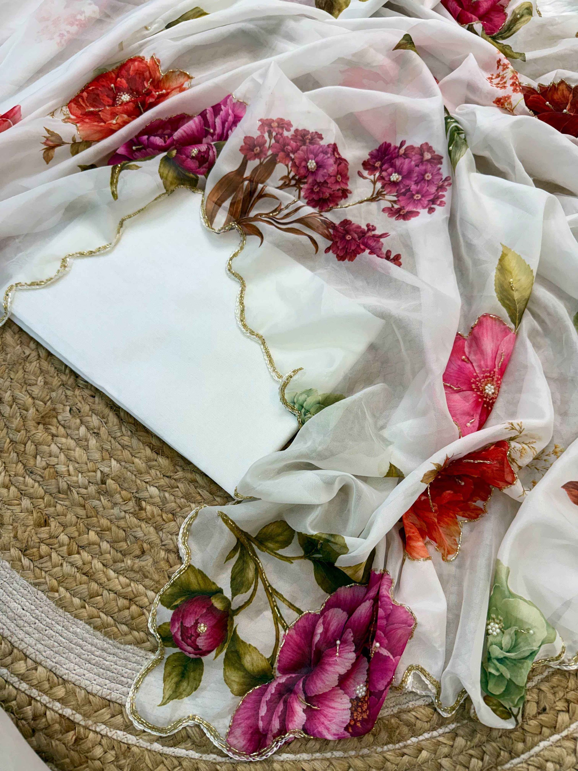 Premium Floral Digital Print Tabi Saree with Pearl & Cutdana Handwork