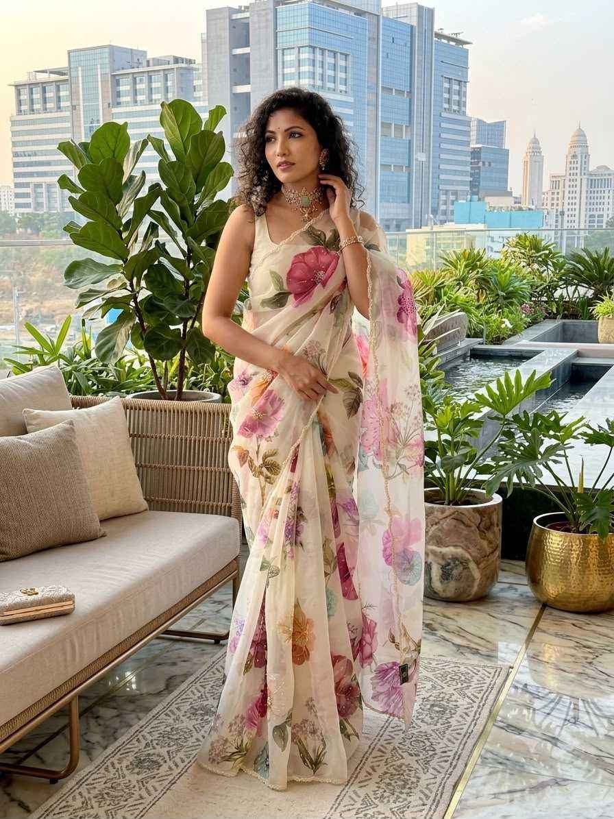 Premium Floral Digital Print Tabi Saree with Pearl & Cutdana Handwork