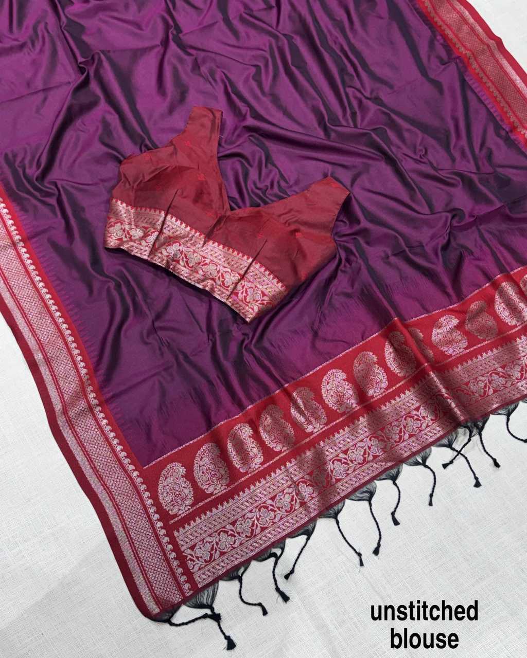 Wine Traditional Viscose Silk Jacquard Saree with Woven Border & Running Blouse