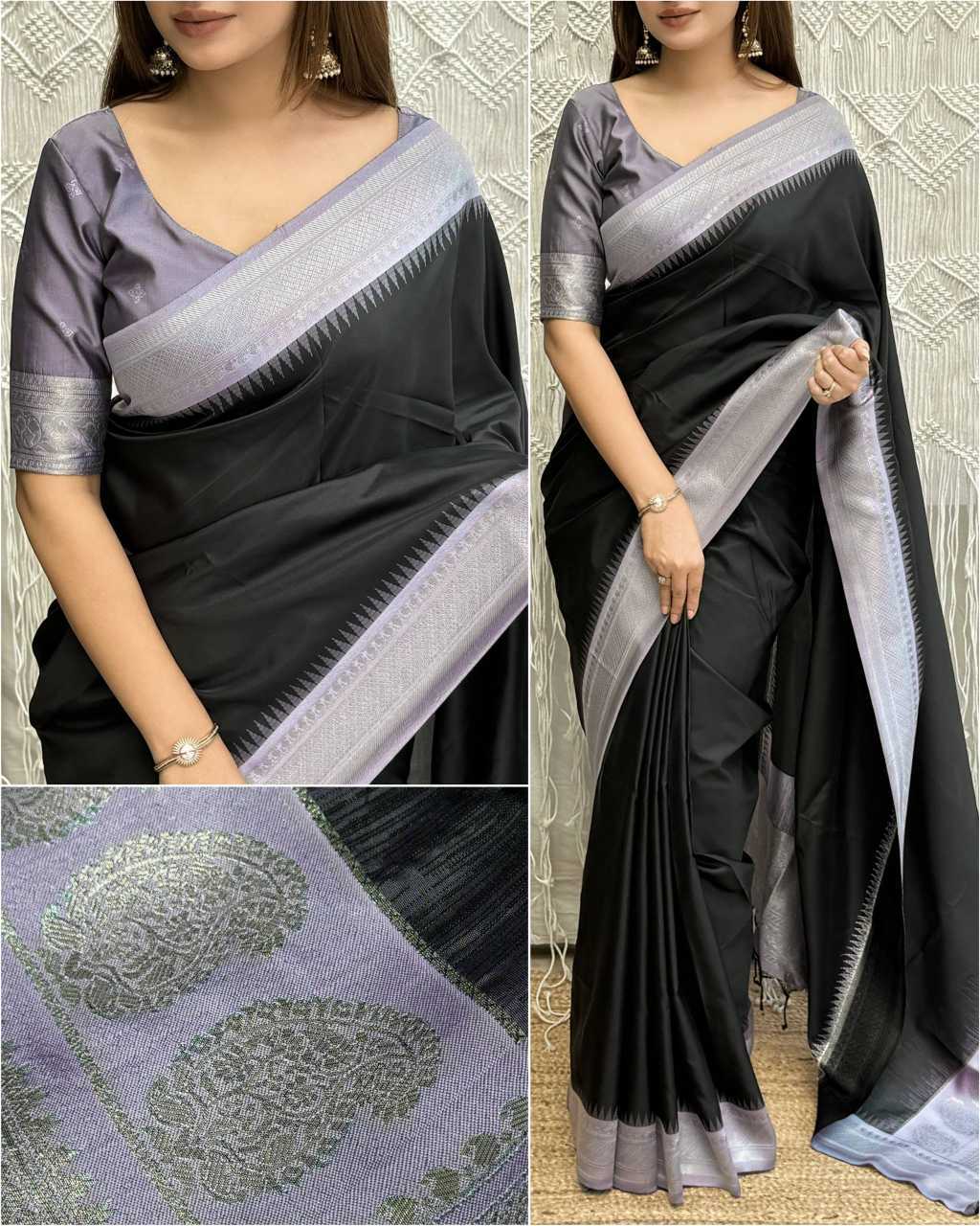Black Traditional Viscose Silk Jacquard Saree with Woven Border & Running Blouse