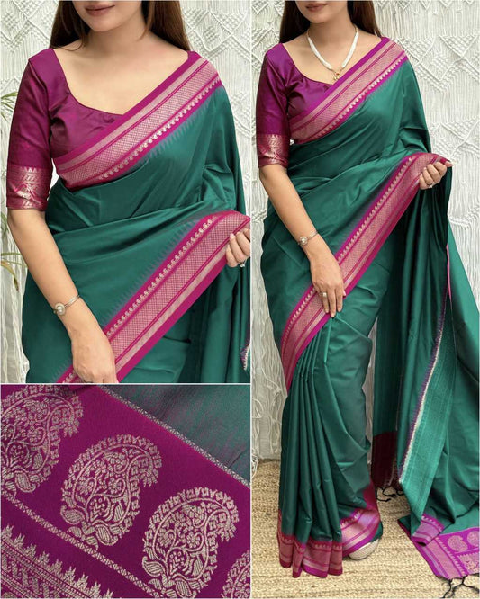 Green Traditional Viscose Silk Jacquard Saree with Woven Border & Running Blouse