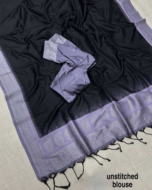 Black Traditional Viscose Silk Jacquard Saree with Woven Border & Running Blouse