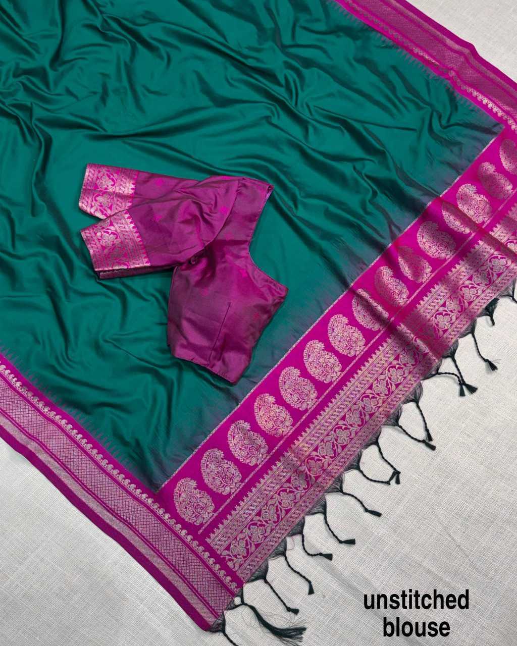 Green Traditional Viscose Silk Jacquard Saree with Woven Border & Running Blouse
