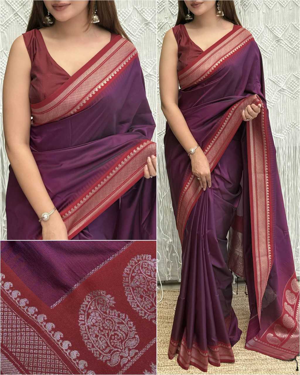 Wine Traditional Viscose Silk Jacquard Saree with Woven Border & Running Blouse