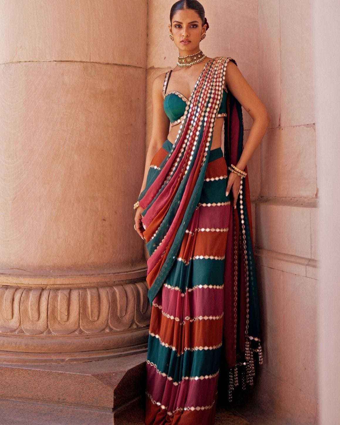Premium Faux Georgette Saree with Original Mirror Work & Embroidered Lace