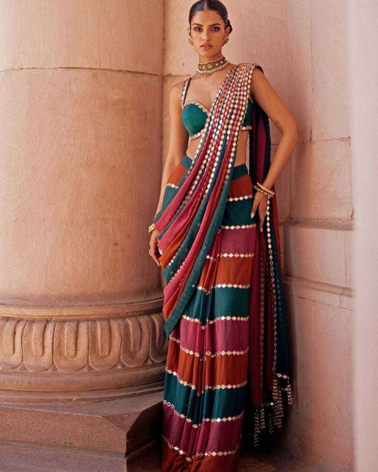 Premium Faux Georgette Saree with Original Mirror Work & Embroidered Lace