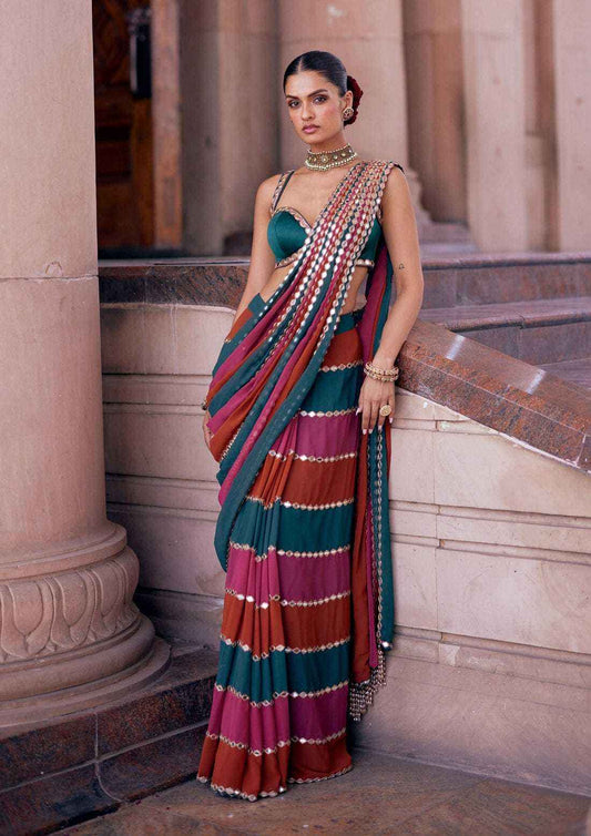 Premium Faux Georgette Saree with Original Mirror Work & Embroidered Lace