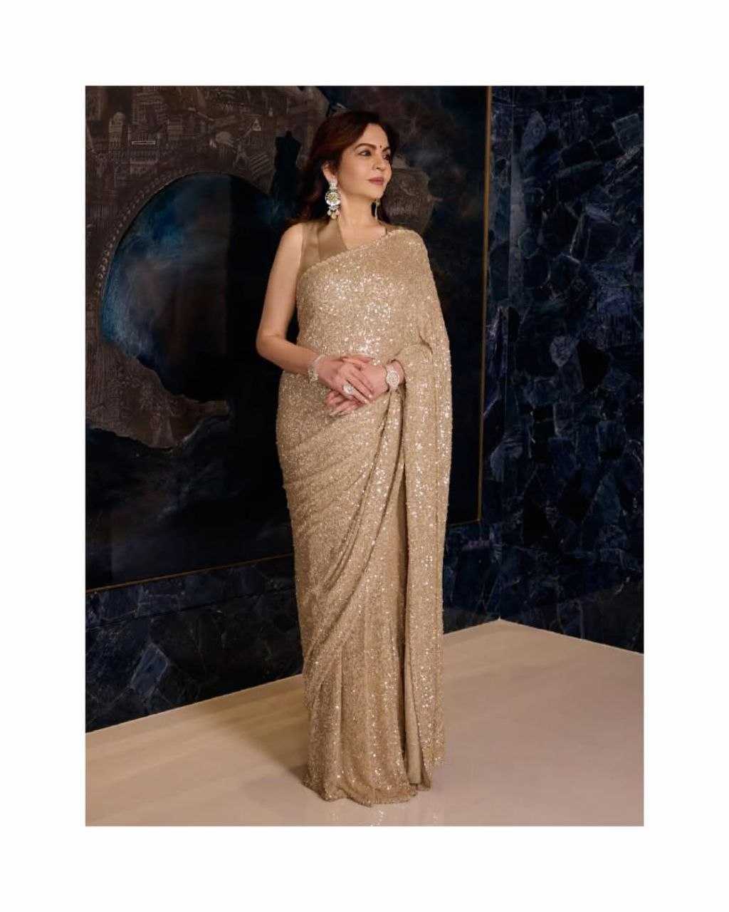 Premium Faux Georgette Sequin Saree with Rainbow Embroidery & Cutwork Border
