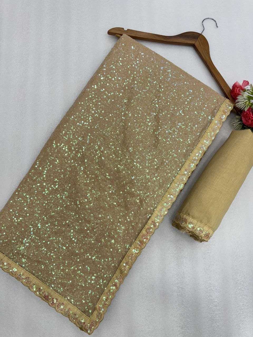 Premium Faux Georgette Sequin Saree with Rainbow Embroidery & Cutwork Border