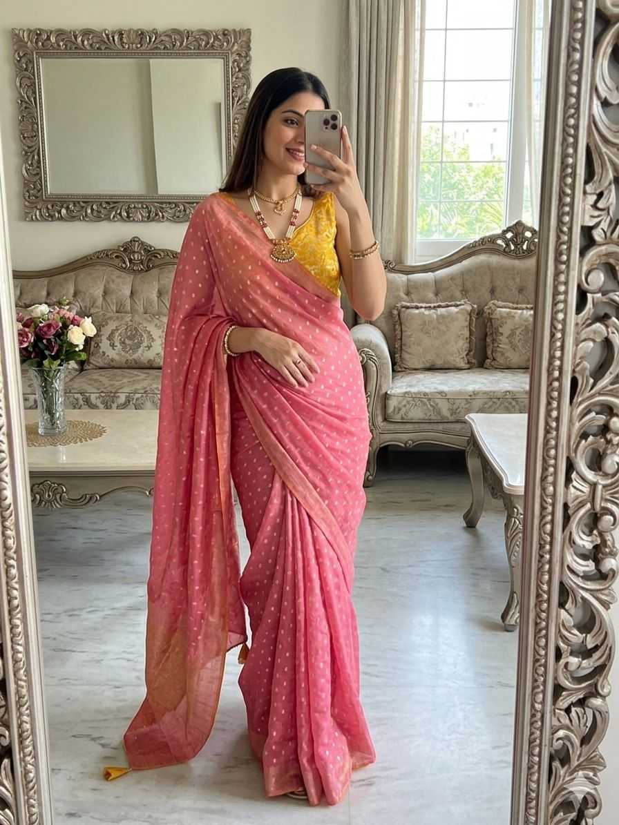 Baby Pink Tissue Zari Butta Saree with Banarasi Designer Stitched Blouse