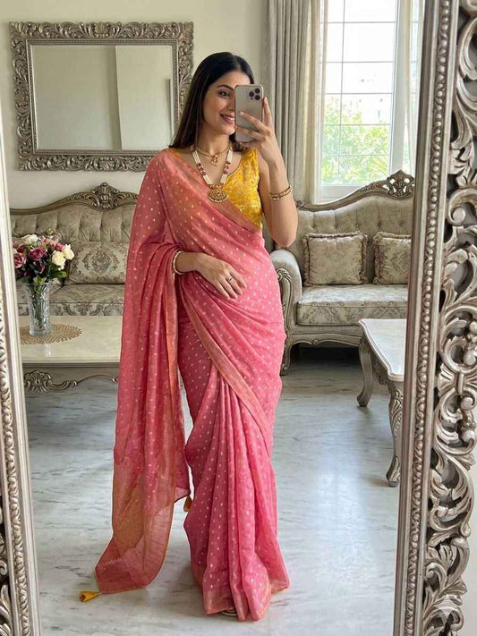 Baby Pink Tissue Zari Butta Saree with Banarasi Designer Stitched Blouse