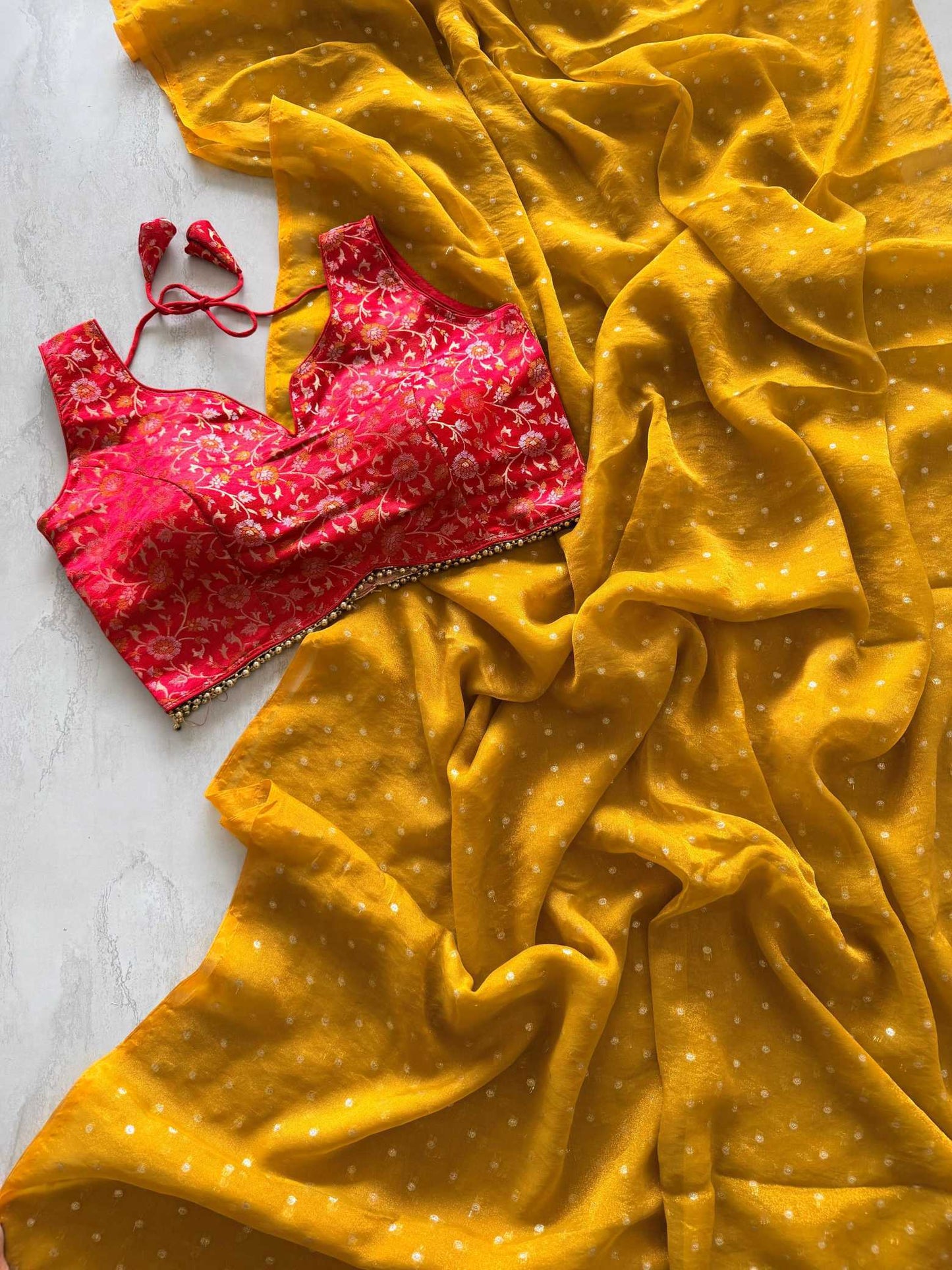 Yellow Tissue Zari Butta Saree with Banarasi Designer Stitched Blouse