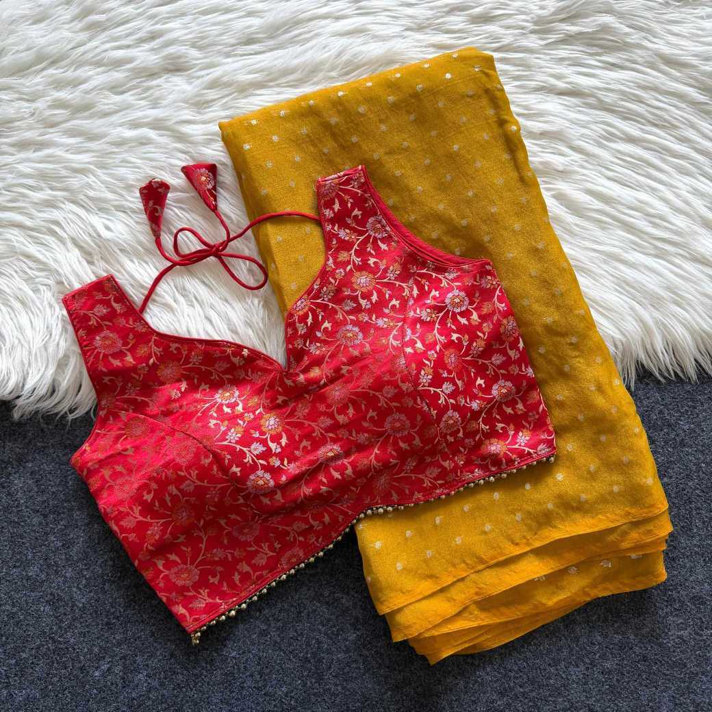 Yellow Tissue Zari Butta Saree with Banarasi Designer Stitched Blouse