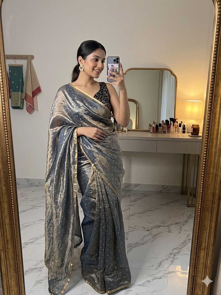 Grey Tissue Zari Butta Saree with Banarasi Designer Stitched Blouse