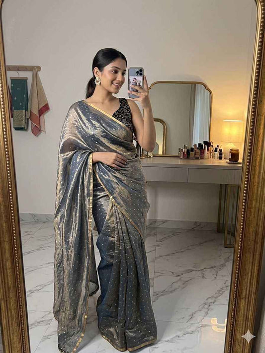 Grey Tissue Zari Butta Saree with Banarasi Designer Stitched Blouse
