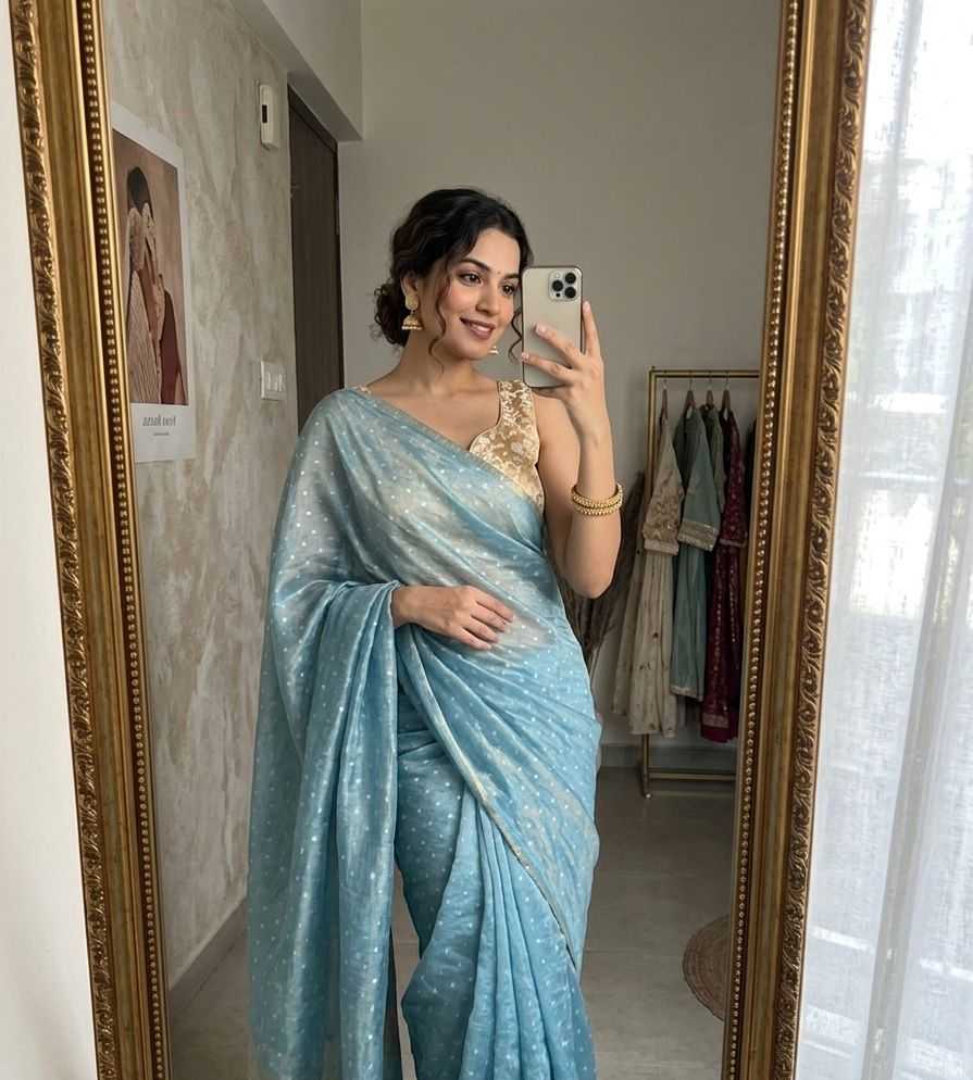 Sky Blue Tissue Zari Butta Saree with Banarasi Designer Stitched Blouse