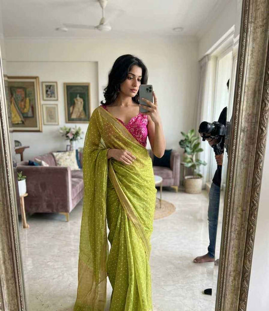 Olive Tissue Zari Butta Saree with Banarasi Designer Stitched Blouse