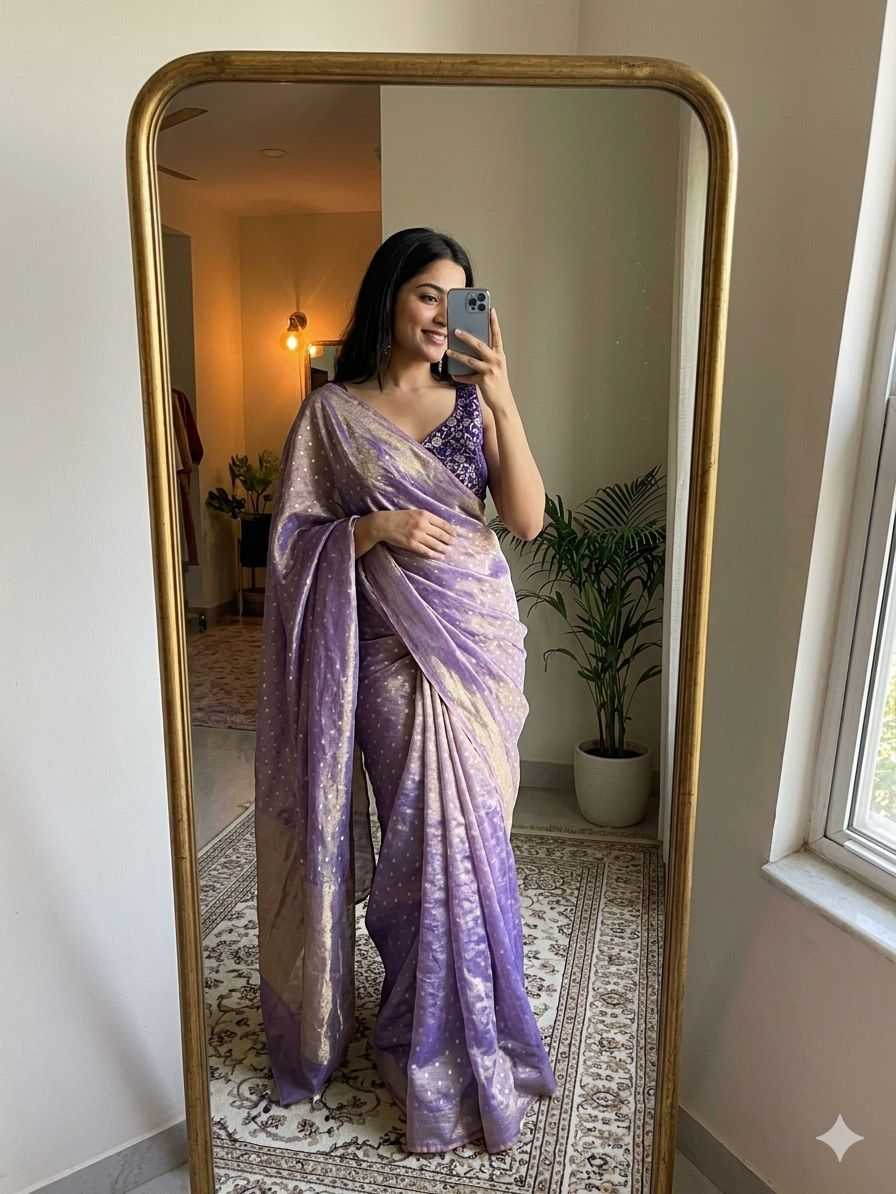 Lavender Tissue Zari Butta Saree with Banarasi Designer Stitched Blouse