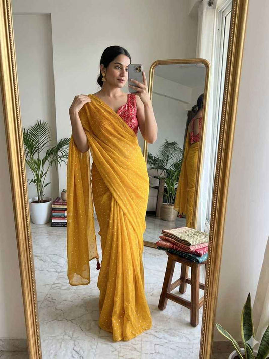 Yellow Tissue Zari Butta Saree with Banarasi Designer Stitched Blouse