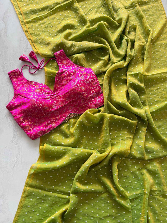 Olive Tissue Zari Butta Saree with Banarasi Designer Stitched Blouse
