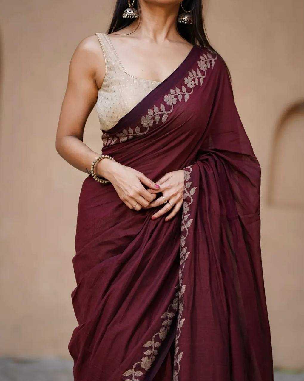 Maroon Designer Linen Cotton Saree with Floral Border Detailing
