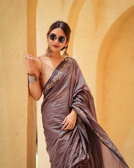 Gray Designer Linen Cotton Saree with Floral Border Detailing