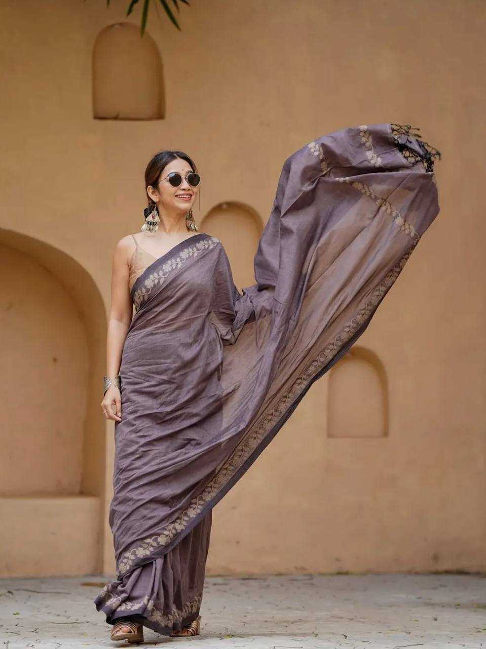 Gray Designer Linen Cotton Saree with Floral Border Detailing