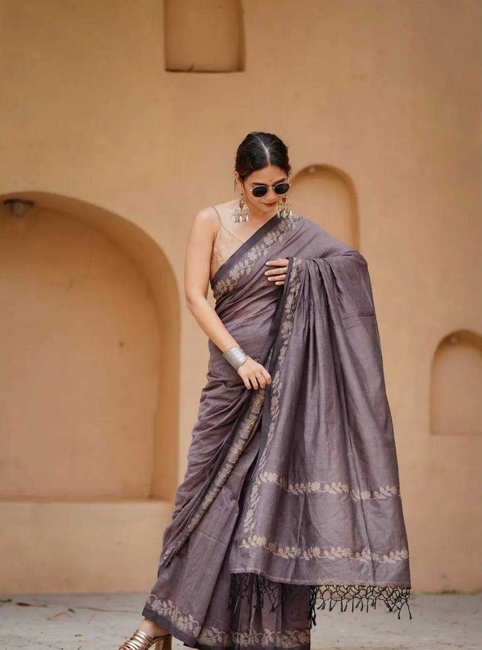 Gray Designer Linen Cotton Saree with Floral Border Detailing