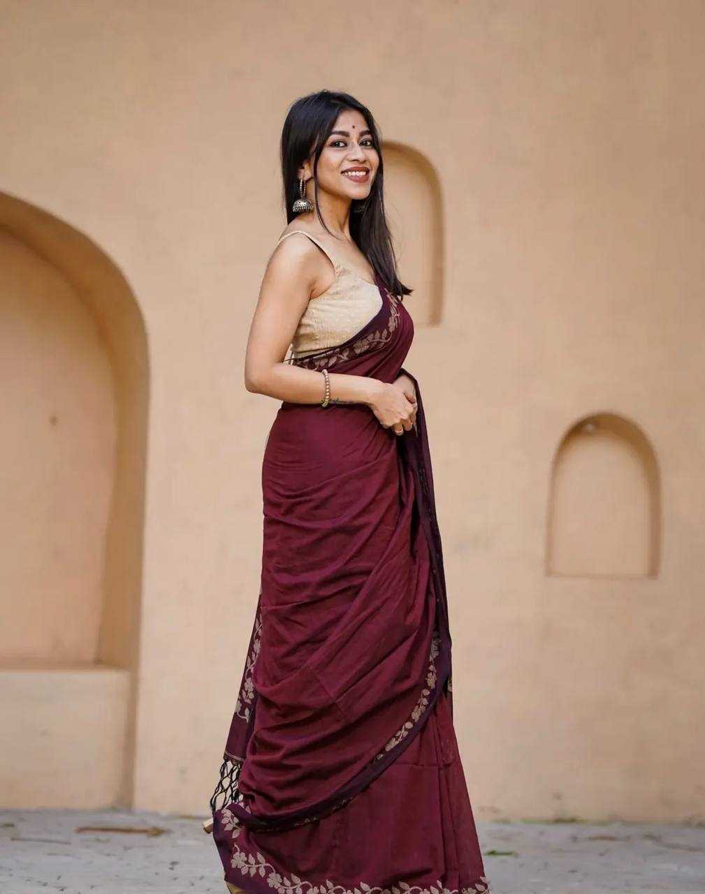 Maroon Designer Linen Cotton Saree with Floral Border Detailing
