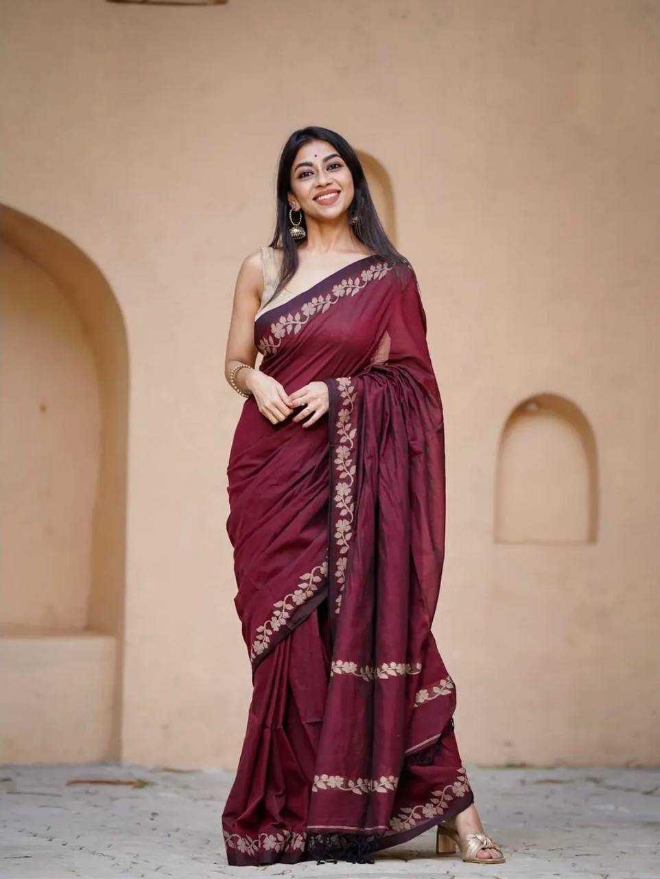 Maroon Designer Linen Cotton Saree with Floral Border Detailing