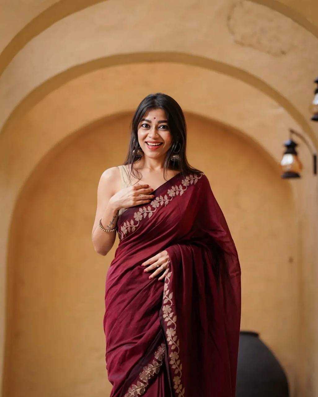 Maroon Designer Linen Cotton Saree with Floral Border Detailing