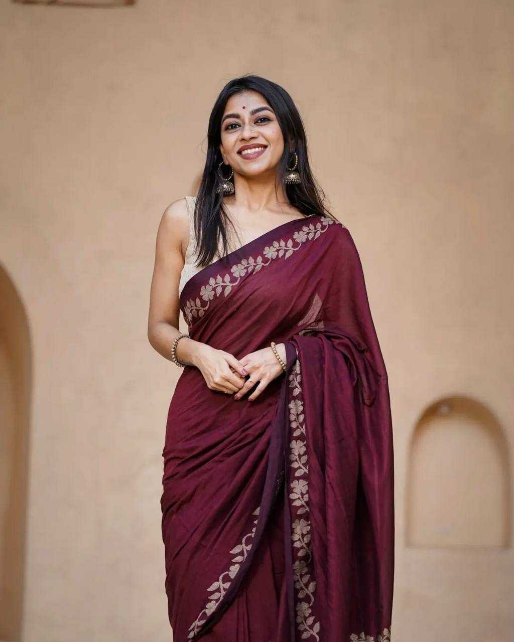 Maroon Designer Linen Cotton Saree with Floral Border Detailing