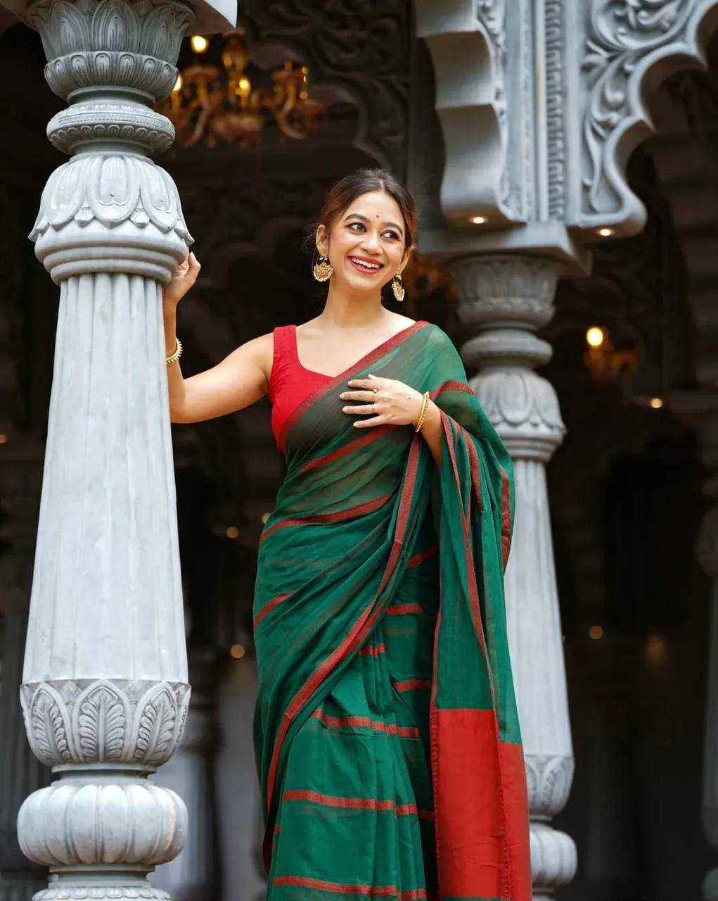 Green Premium Linen Cotton Saree with Elegant Digital Print & Satin Blouse