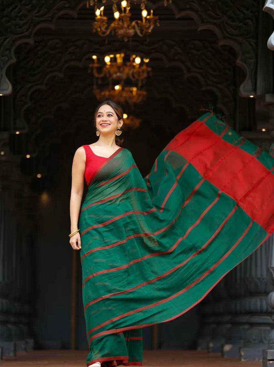 Green Premium Linen Cotton Saree with Elegant Digital Print & Satin Blouse