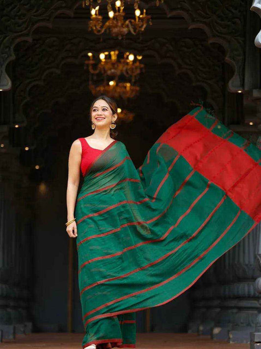 Green Premium Linen Cotton Saree with Elegant Digital Print & Satin Blouse