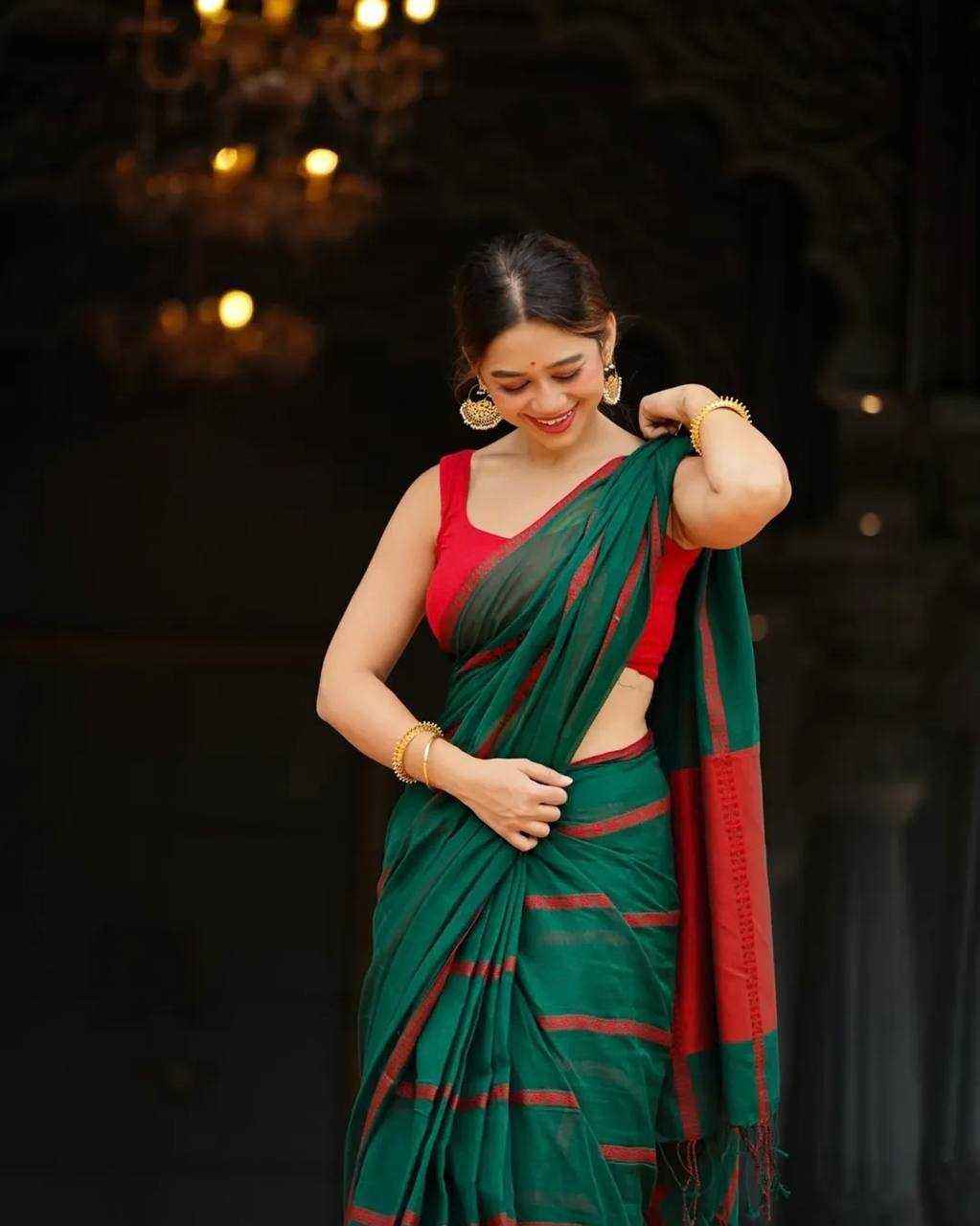 Green Premium Linen Cotton Saree with Elegant Digital Print & Satin Blouse