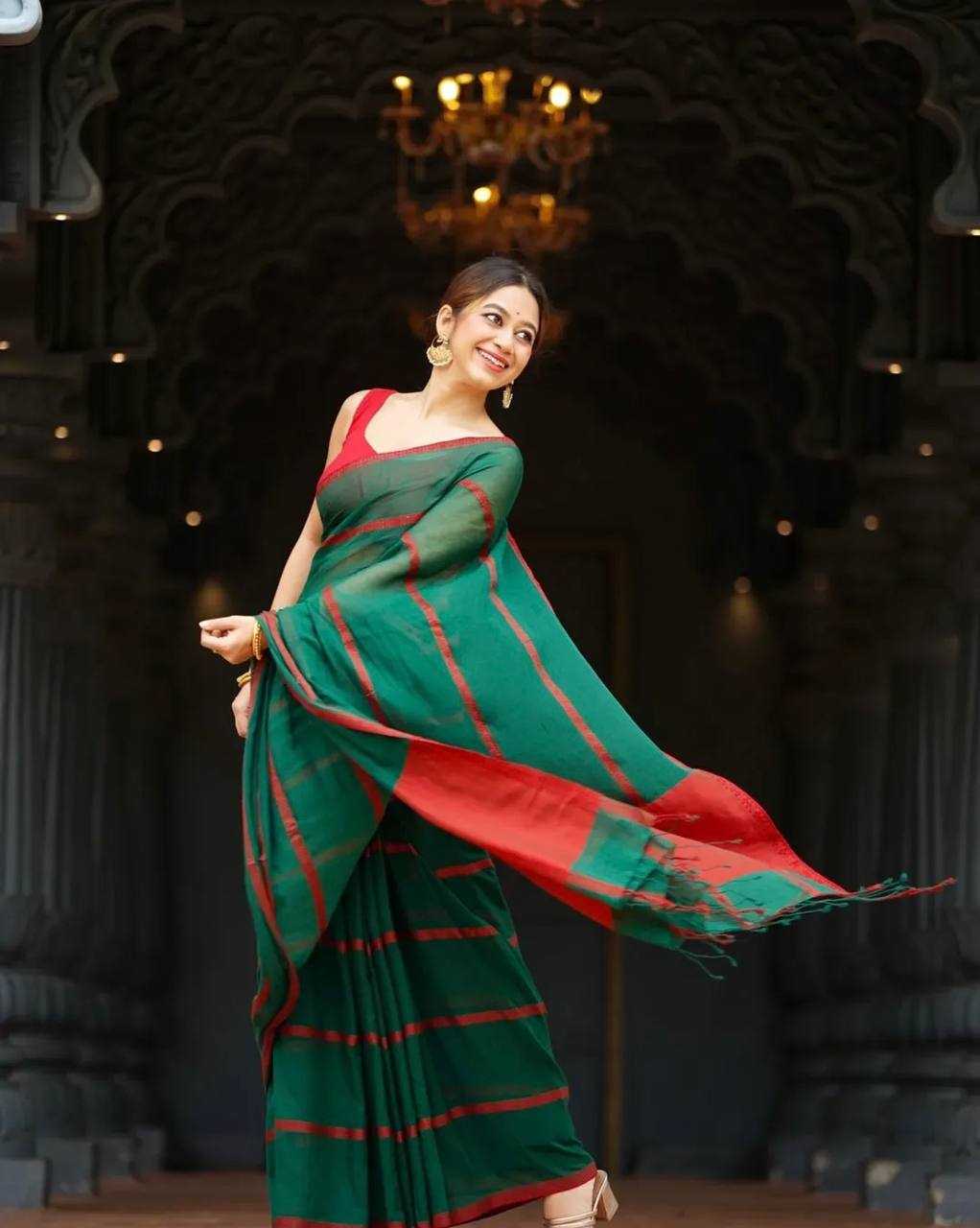 Green Premium Linen Cotton Saree with Elegant Digital Print & Satin Blouse