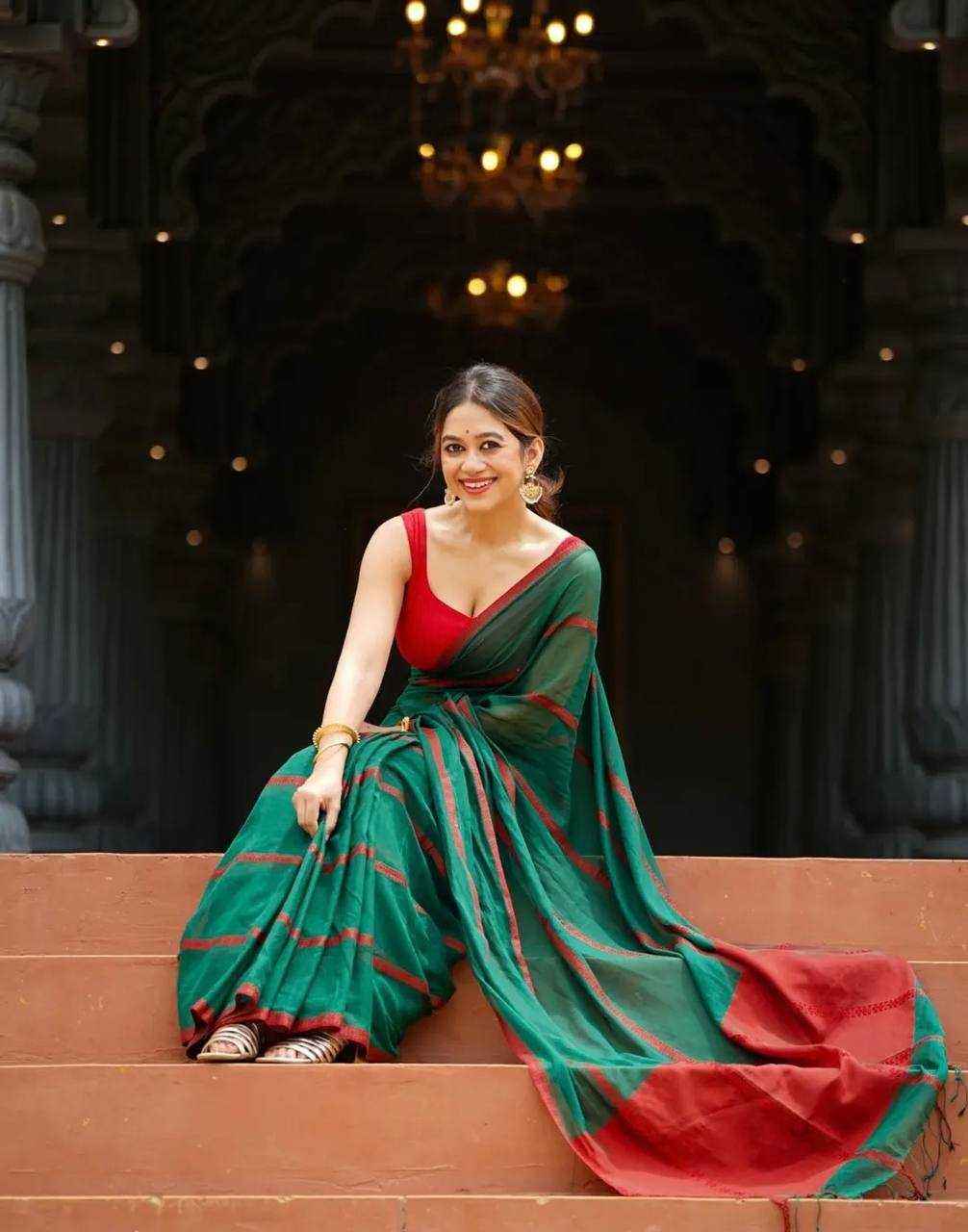 Green Premium Linen Cotton Saree with Elegant Digital Print & Satin Blouse