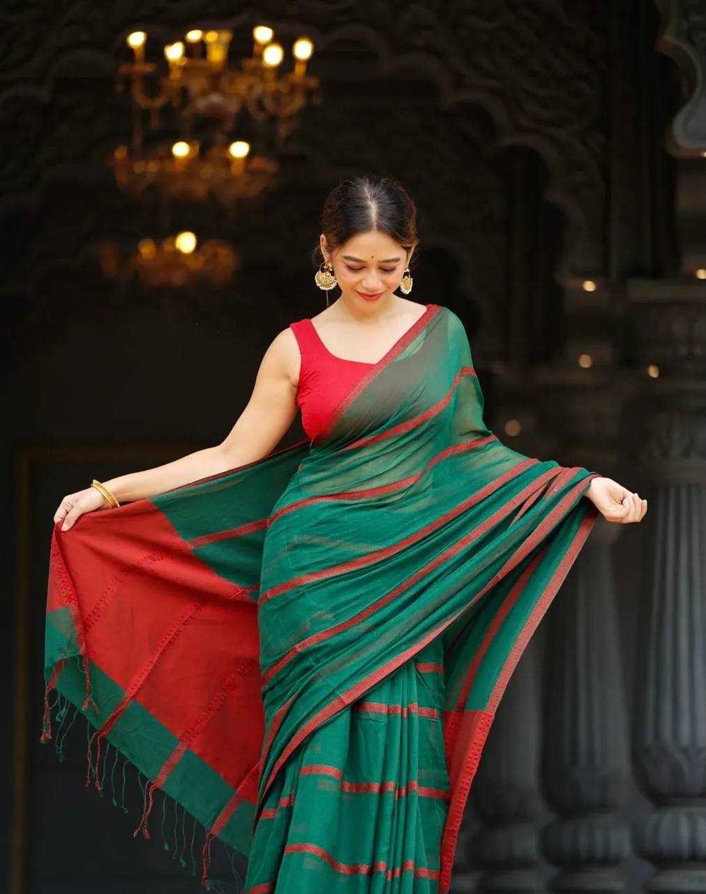 Green Premium Linen Cotton Saree with Elegant Digital Print & Satin Blouse