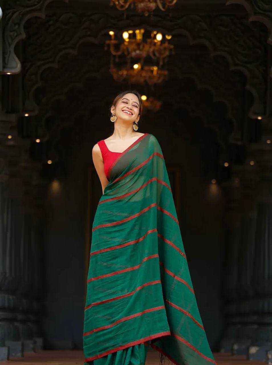 Green Premium Linen Cotton Saree with Elegant Digital Print & Satin Blouse